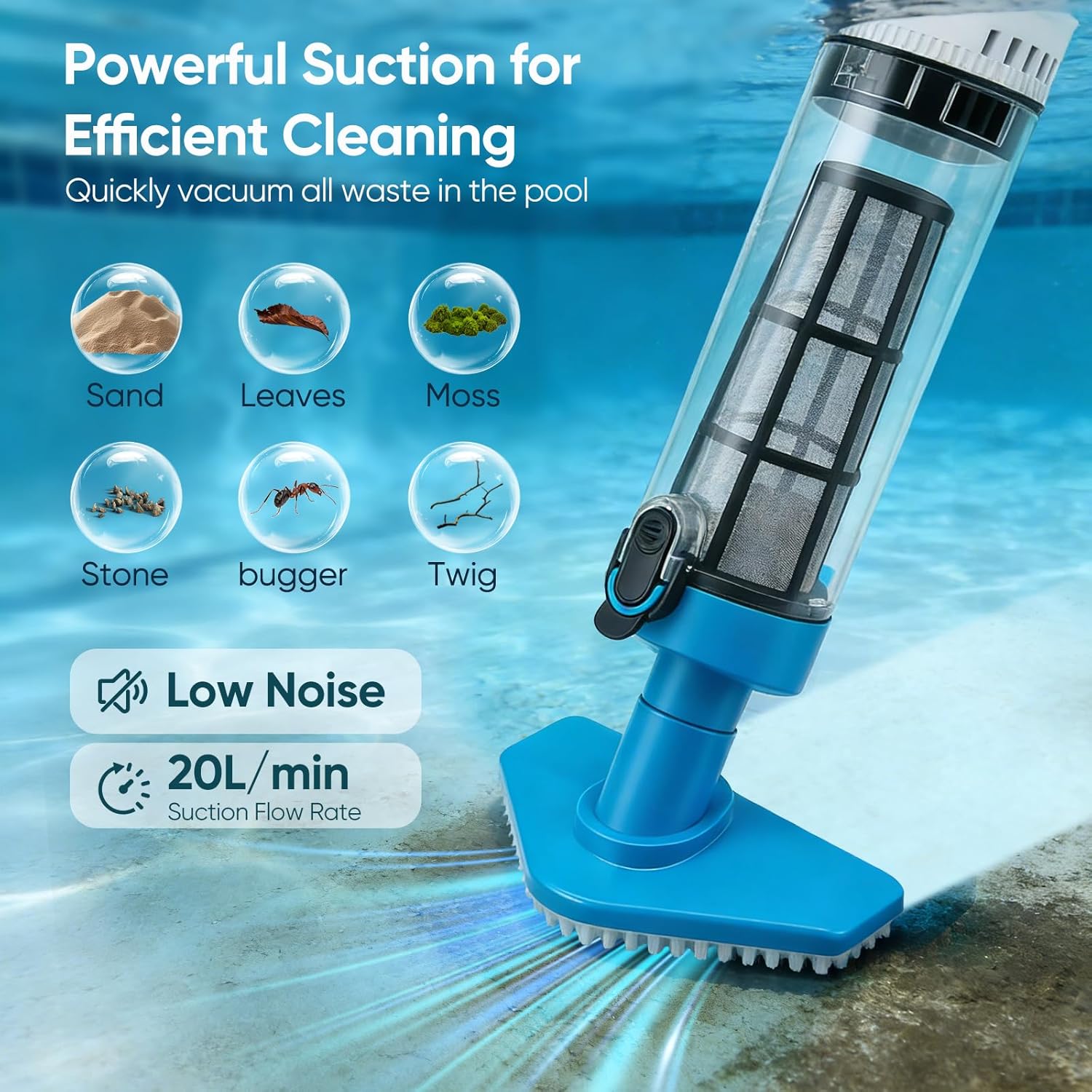 Aspirateur piscine 3 en 1, télescopique 103,5-162,5 cm, rechargeable, puissant, 3 brosses, capteur automatique