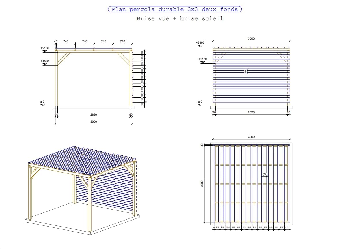 Pergola Bois Massif - Série brise-soleil - 3x3m - Classe 3, persiennes durables