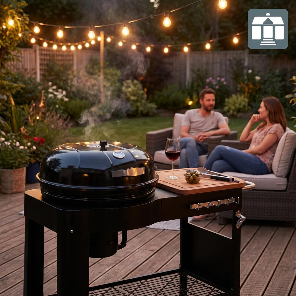 jardinite - Barbecue Calgary - acier/bois - couvercle thermomètre, tablettes, 2 roues, noir