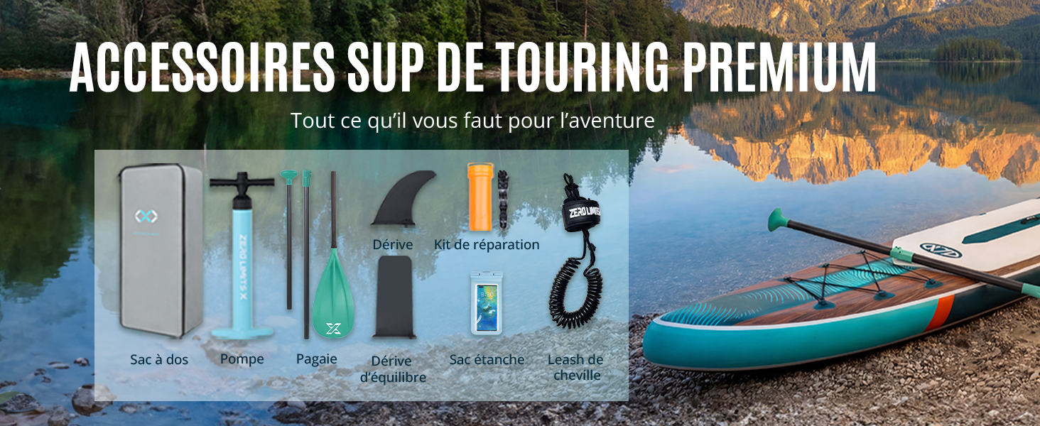 Le texte indique « ACCESSOIRES SUP DE TOURING PREMIUM ». Série d'images montrant des équipements et accessoires de paddleboard sur fond d'océan.