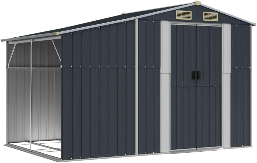 Abri de jardin - acier galvanisé 277x192,5x179 cm, rangement bois et aération, toit incliné