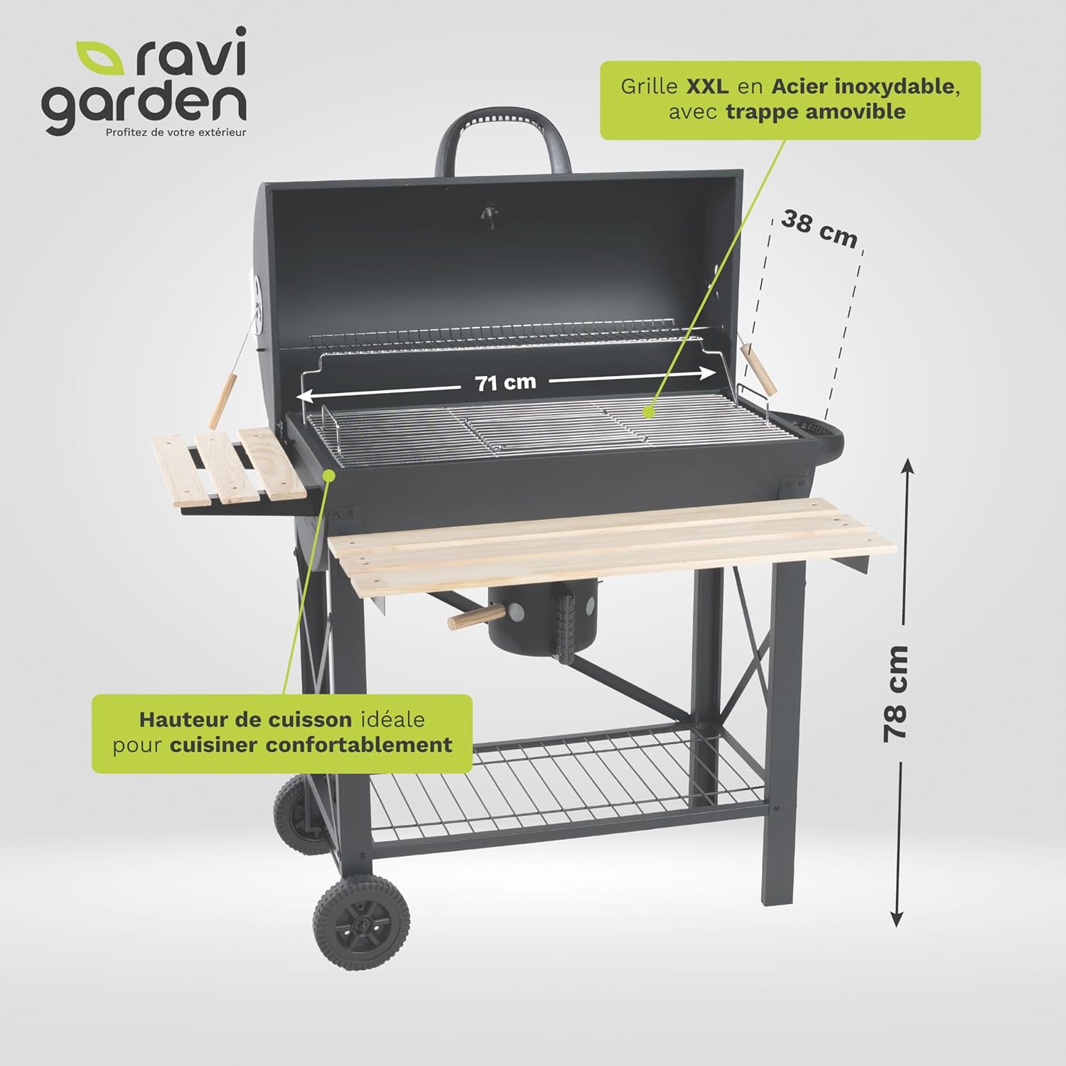 Barbecue charbon de bois XXL - 71x38 cm - couvercle, 2 tablettes, récupérateur de cendres