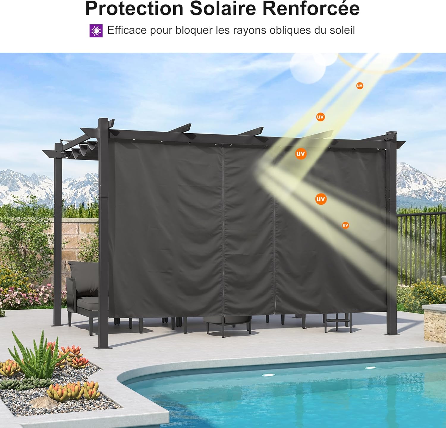 jardinite - Pergola Aluminium - 4x3m - Rideau, toit rétractable, imperméable