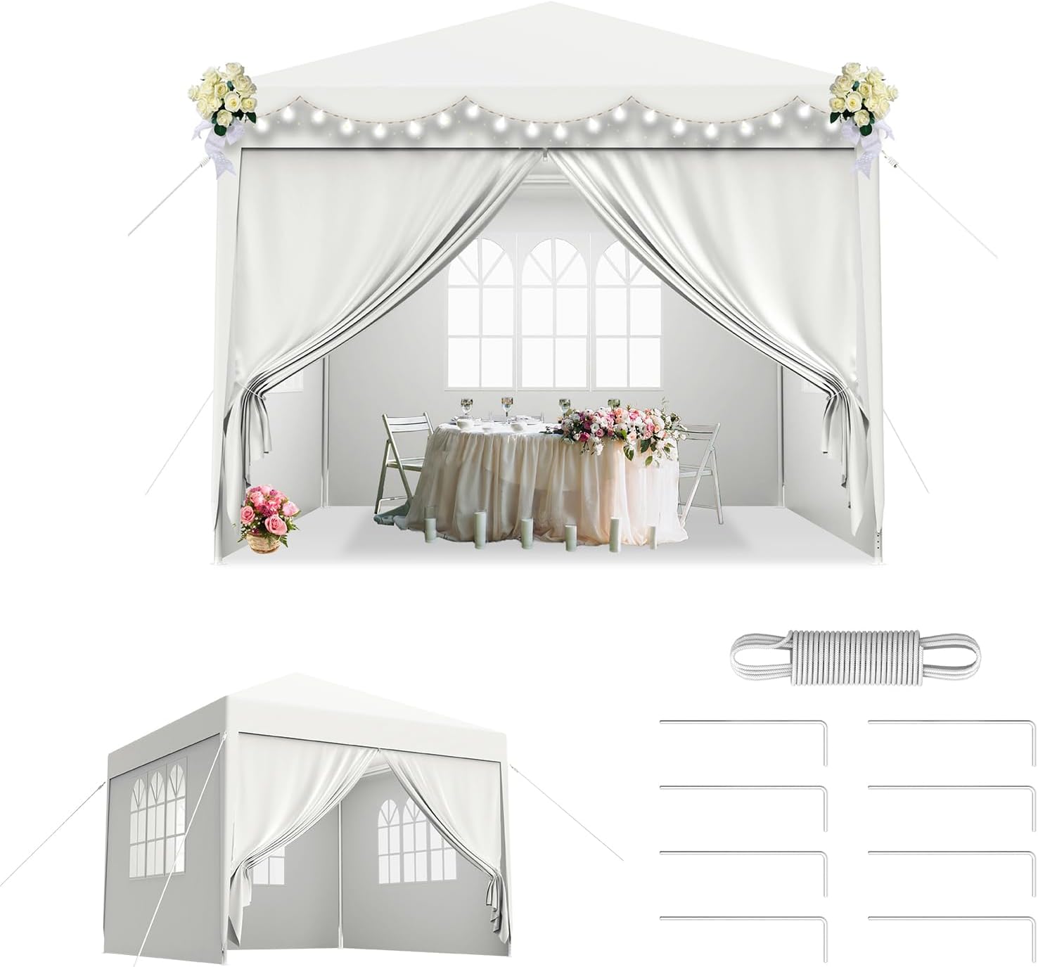 LZQ - Tonnelle de jardin 3x3m, montage emboîtement, imperméable, 4 parois, fenêtres, toit