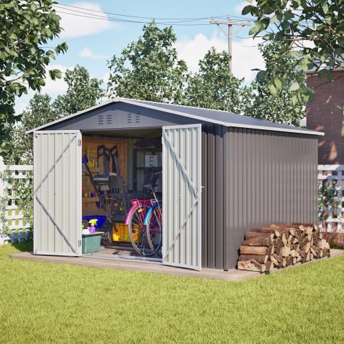 Abri de jardin en métal 300 x 252 cm – Gris – Grand abri de jardin résistant aux intempéries avec toit à pignon, pour vélos et outils, abri de jardin XXXL