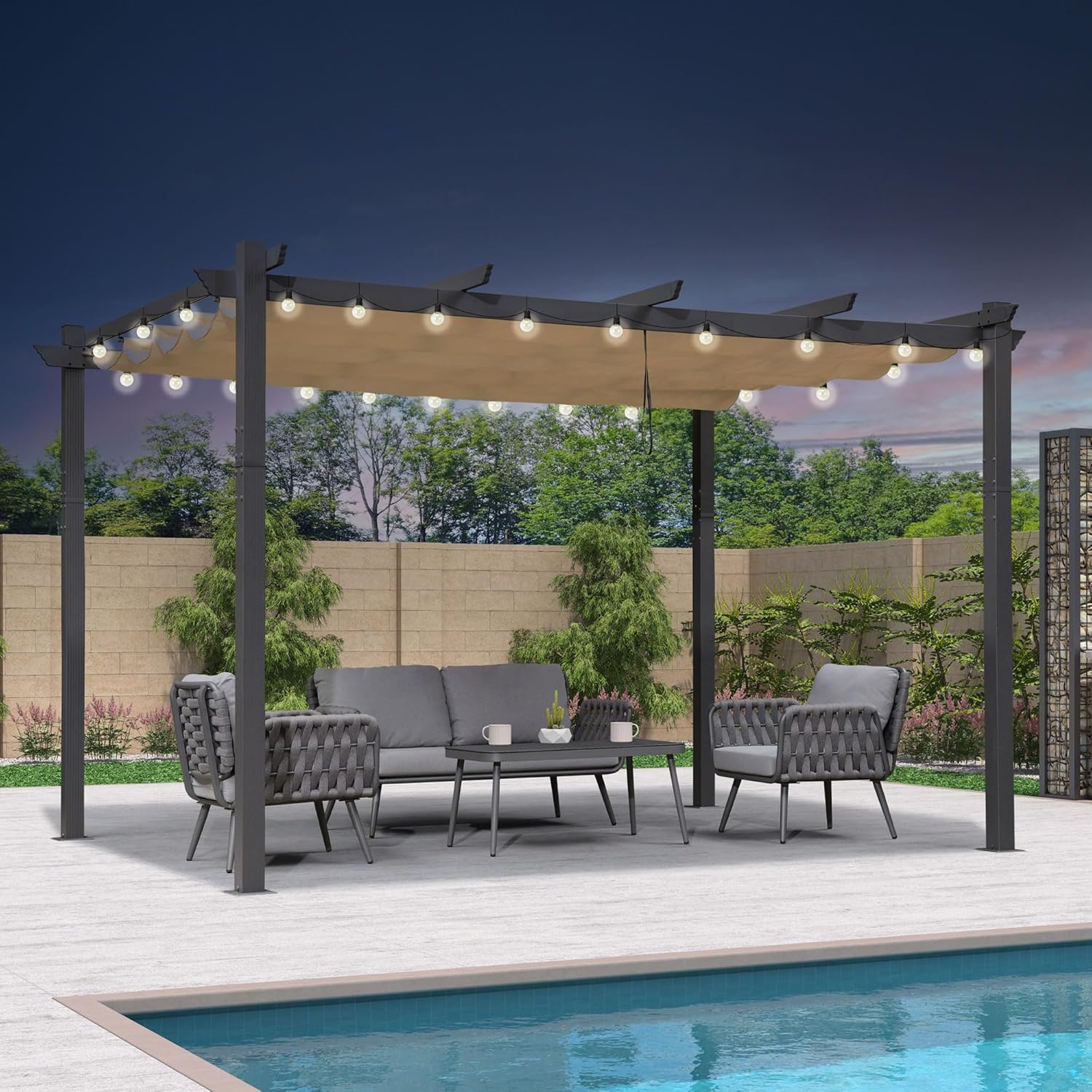 jardinite - Pergola Aluminium - 4x3,2m - LED intégrée, toit rétractable, kaki
