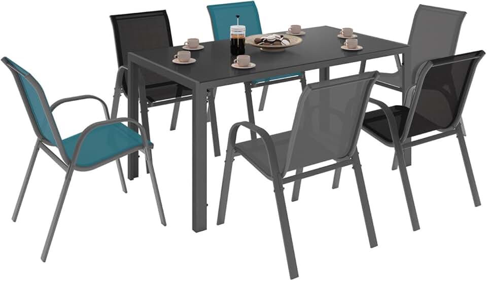 jardinite - Salon Madrid - Table 150 cm, 6 chaises mix gris/noir/bleu