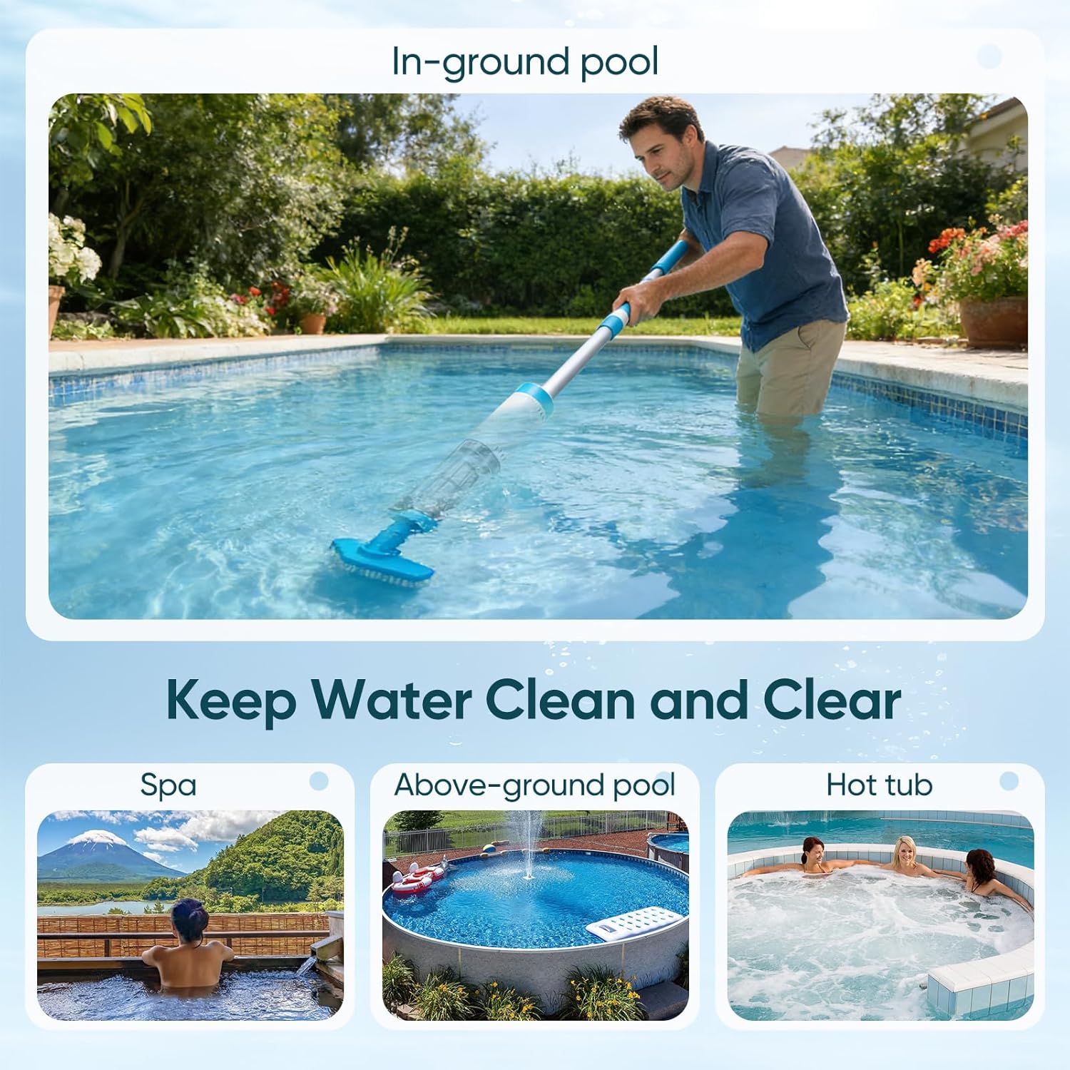 Aspirateur piscine 3 en 1, télescopique 103,5-162,5 cm, rechargeable, puissant, 3 brosses, capteur automatique
