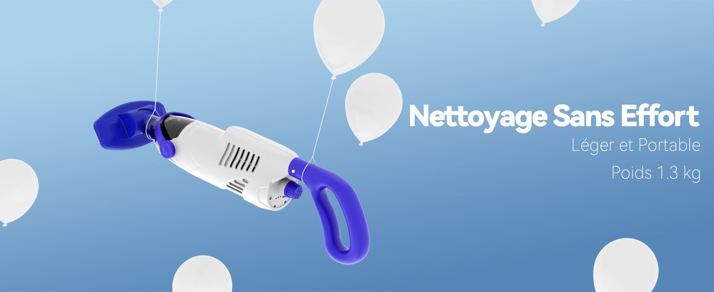 Le texte indique « Nettoyage sans effort » (Effortless Cleaning). Les composants du produit sont représentés en bleu et blanc sur fond bleu clair avec un motif en forme de bulle.