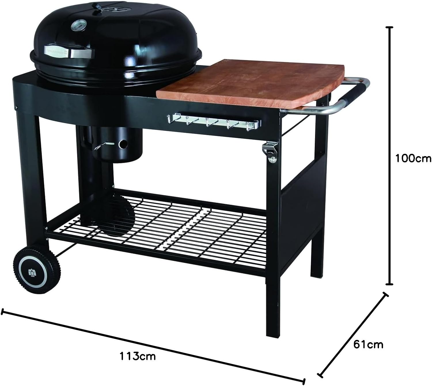 jardinite - Barbecue Calgary - acier/bois - couvercle thermomètre, tablettes, 2 roues, noir