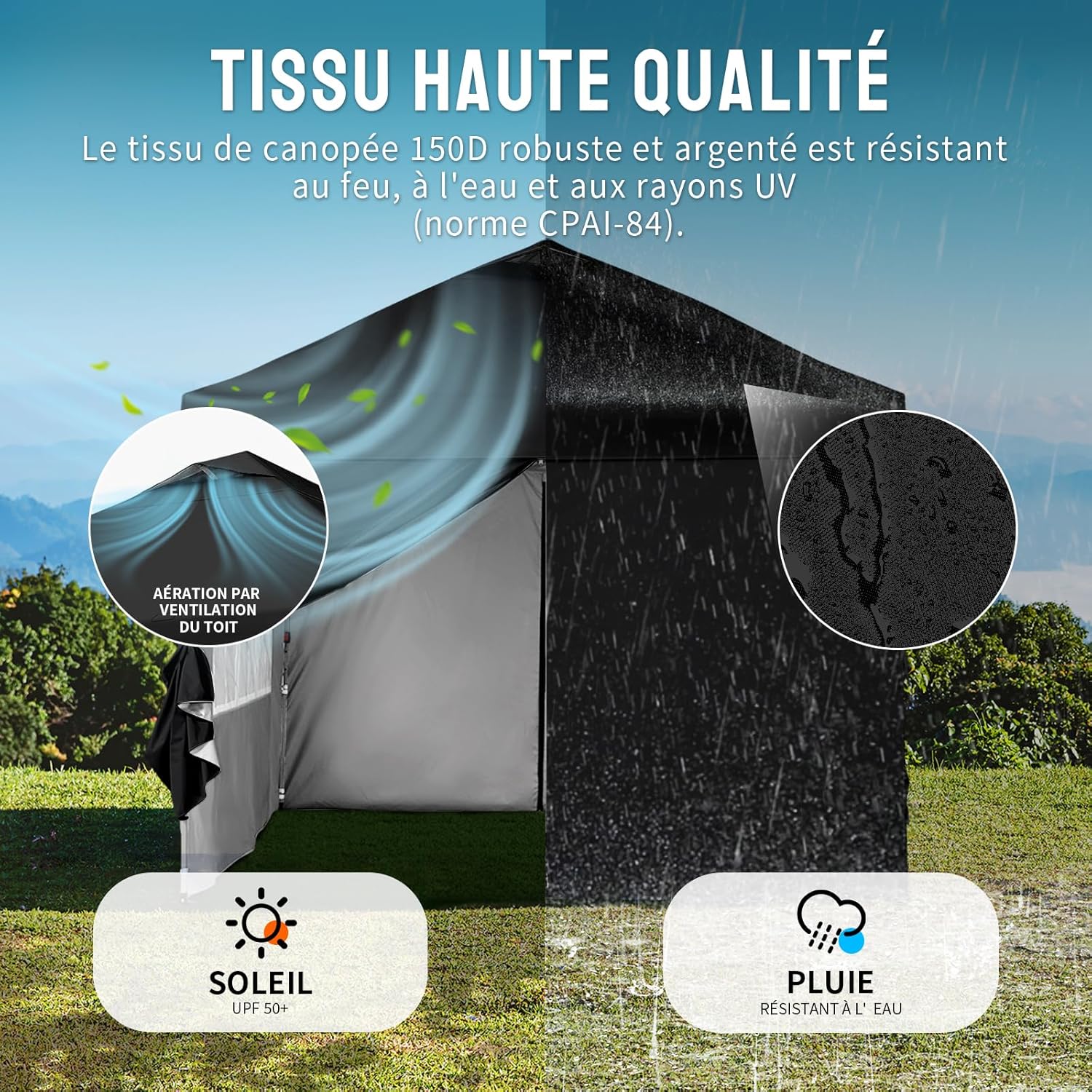 jardinite - Tonnelle pliante 3x3m imperméable, P/Pop-Up, 4 parois amovibles, Sac, UPF 50+ - CN0032