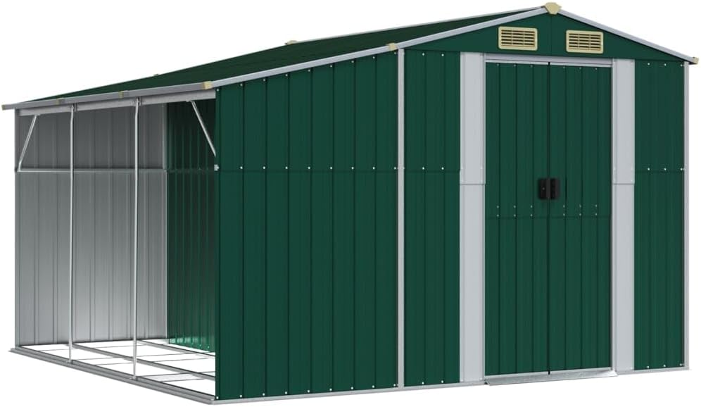 Abri de jardin acier galvanisé - toit incliné, trémie à charbon - 277x279x179 cm - rangement extérieur vert