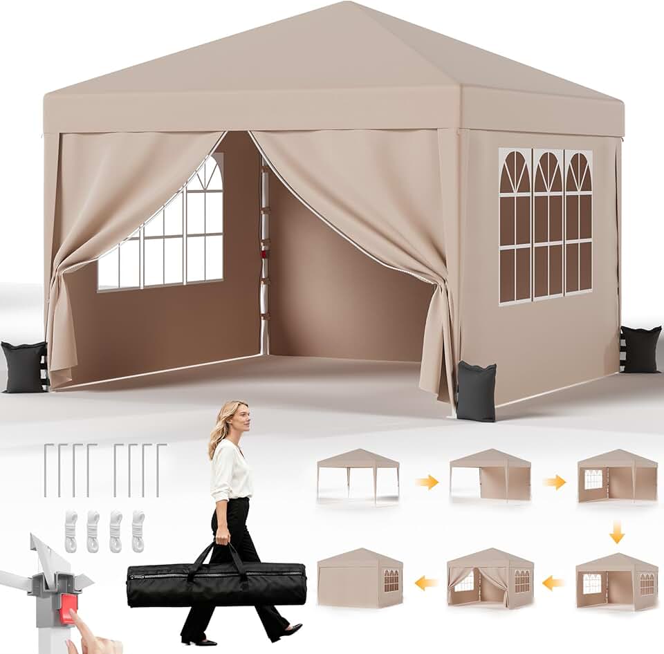 jardinite Tonnelle Pliante 3x3 imperméable, Hauteur Réglable, Toile Épaisse avec Fermeture Velcro, Structure Robuste, Protection Anti-UV, Idéale pour Camping, Jardin et Plus Encore, Beige