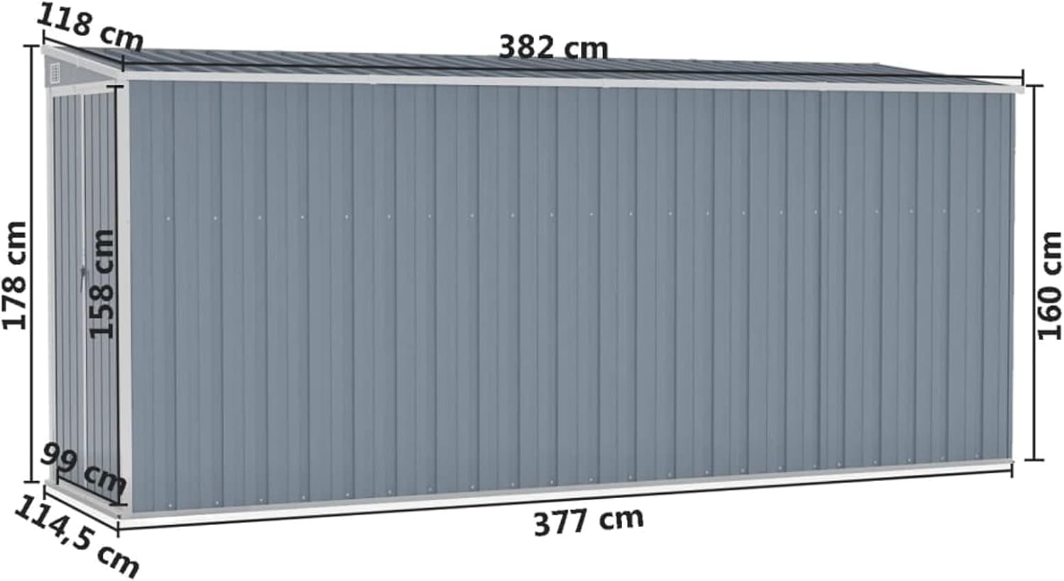 Abri de jardin mural acier galvanisé gris 118x382x178 cm, robuste