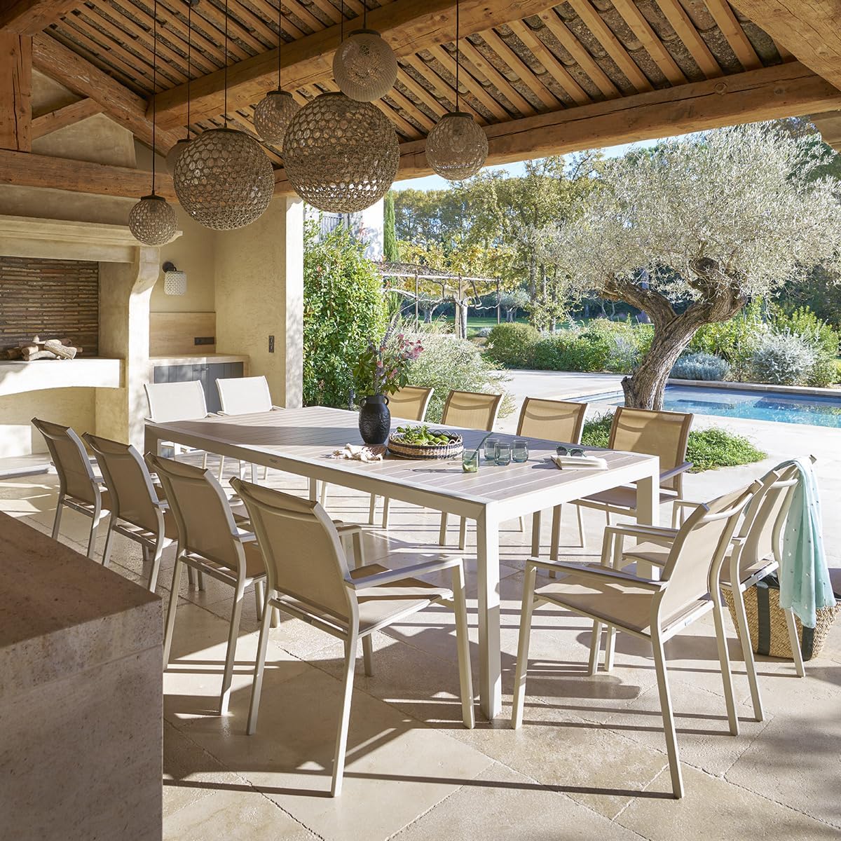 jardinite - Évasion - table jardin alu 12 places effet bois lin argile