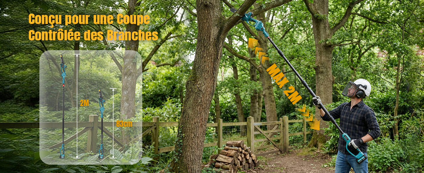 Le texte se lit comme suit : « Conçu pour une couche contrôlée des branches » en jaune/orange. Scène de forêt extérieure montrant une personne utilisant un outil d'élagage sur des branches d'arbres au-dessus d'un feuillage vert.