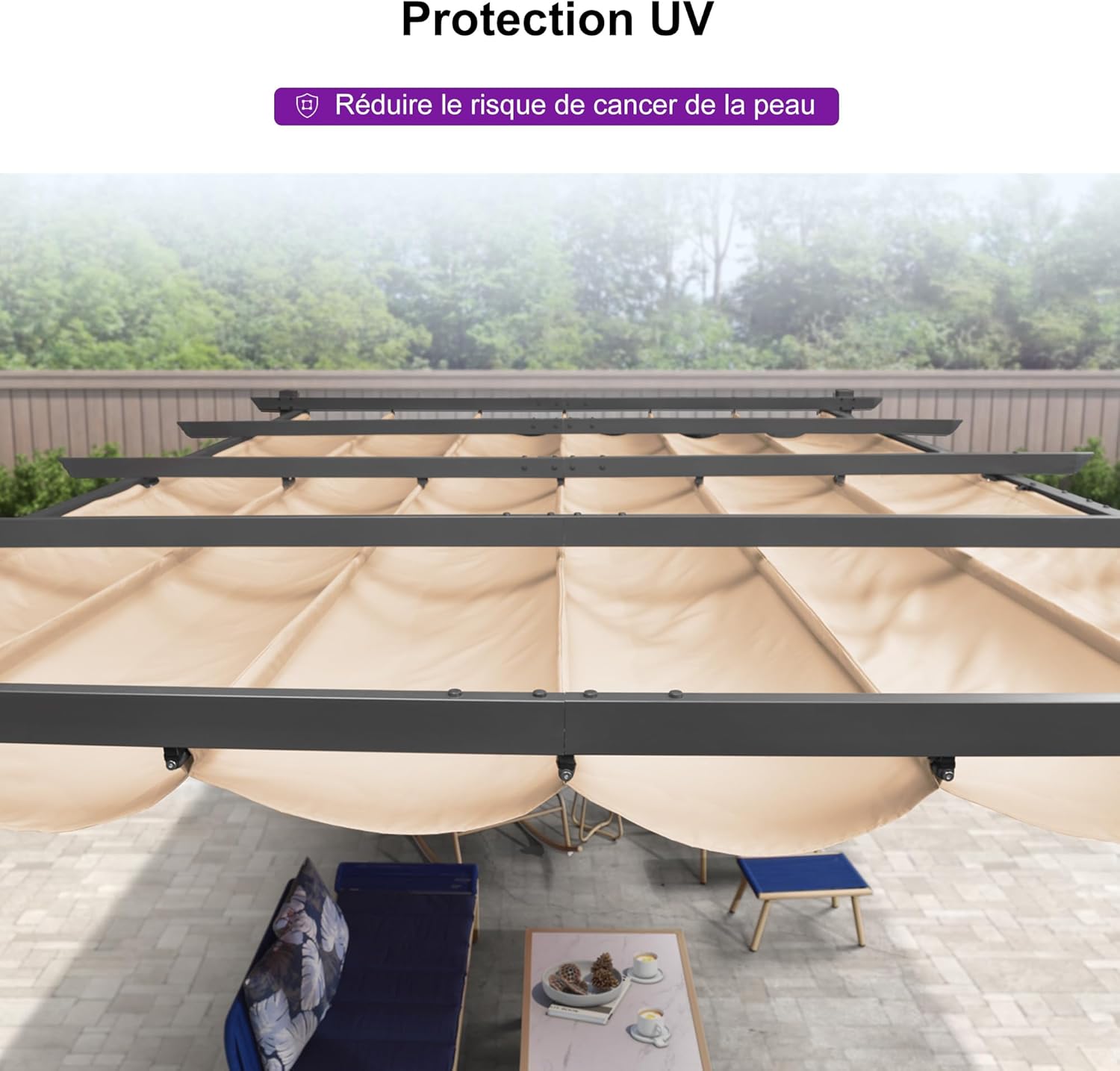 jardinite - Pergola Aluminium - 4x3m - Toit coulissant, tissu kaki