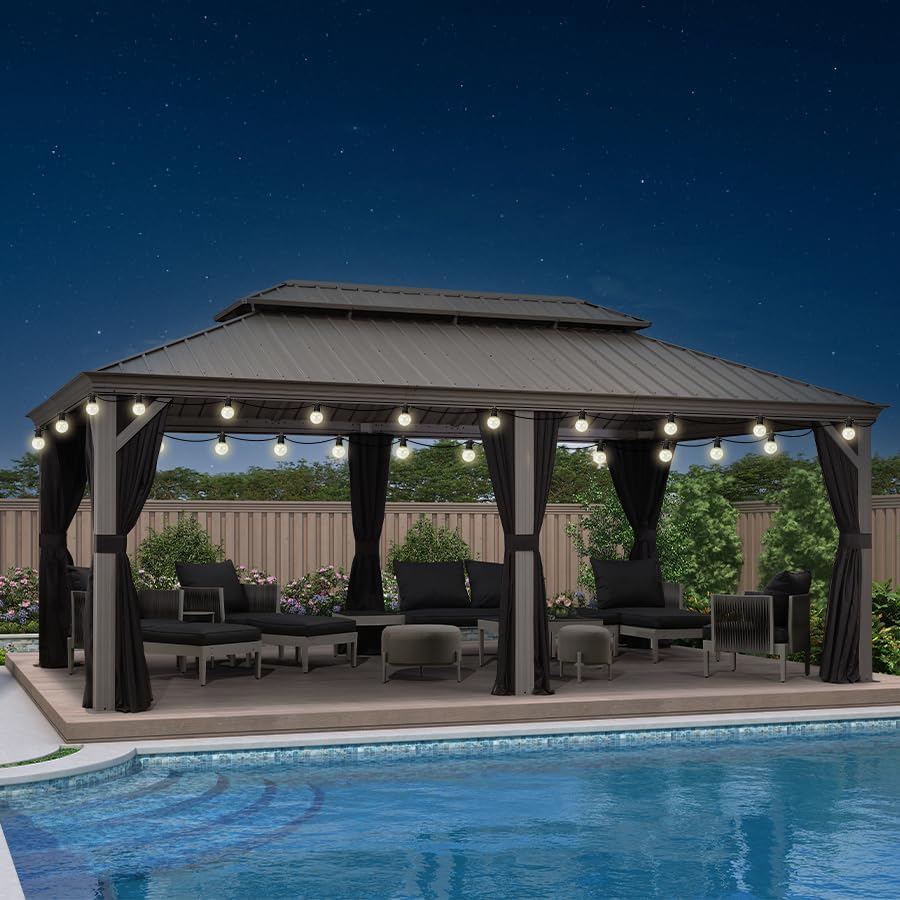 jardinite - Pergola double toit aluminium 3,65x6m rideaux LED, Gris -