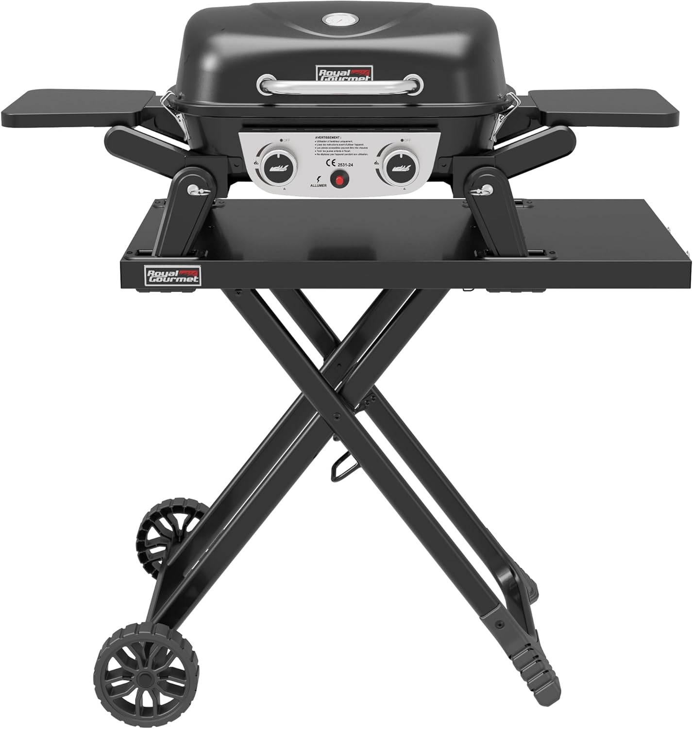 jardinite - barbecue gaz portable - 48x37 cm - 2 brûleurs, tables pliantes, chariot détachable, 5kW