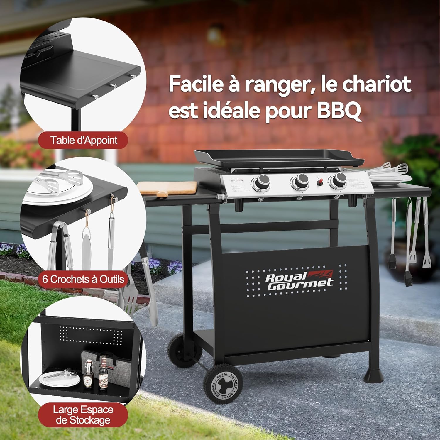 jardinite - Plancha sur chariot 62x35,5cm - 3 brûleurs puissants 7,5kW