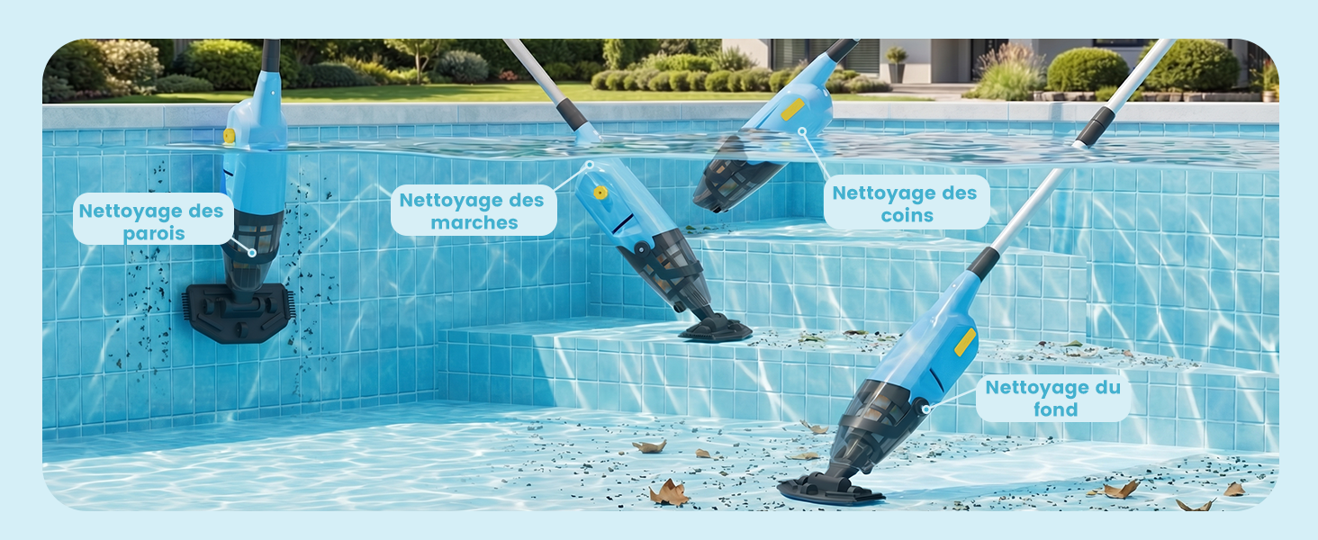 Équipement d'entretien de piscine exposé sous l'eau dans la piscine. L'image montre plusieurs outils et appareils de nettoyage avec des étiquettes textuelles en allemand pour les fonctions d'entretien de la piscine.