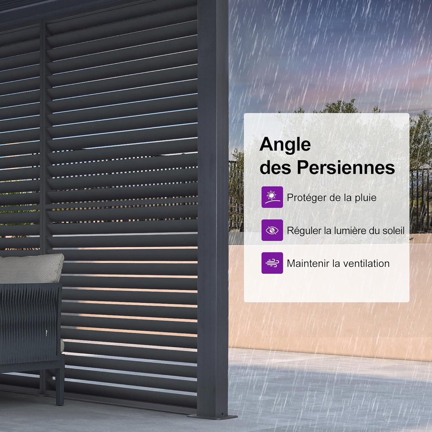 jardinite - Pergola aluminium bioclimatique 4,8x3m, lames orientables, persiennes fixes, gris