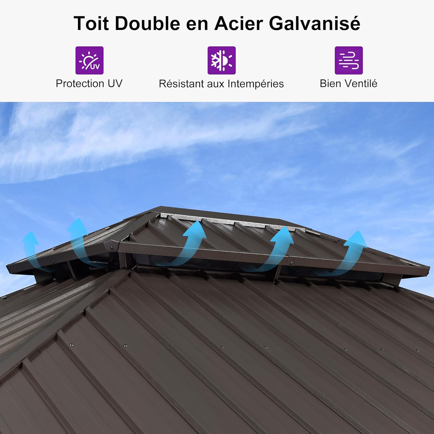 Pergolat double toit alu 4,85x3,65m, moustiquaire, bronze