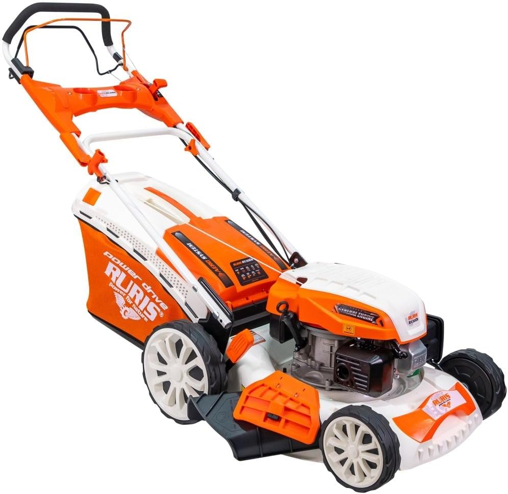 RURIS Tondeuse à Gazon Thermique RX300S 3,5 CV – Largeur 46 cm, Autopropulsée, 5 Fonctions - Ramassage, Éjection, Mulching, 1500 m², Moteur 4 Temps, Bac 65L