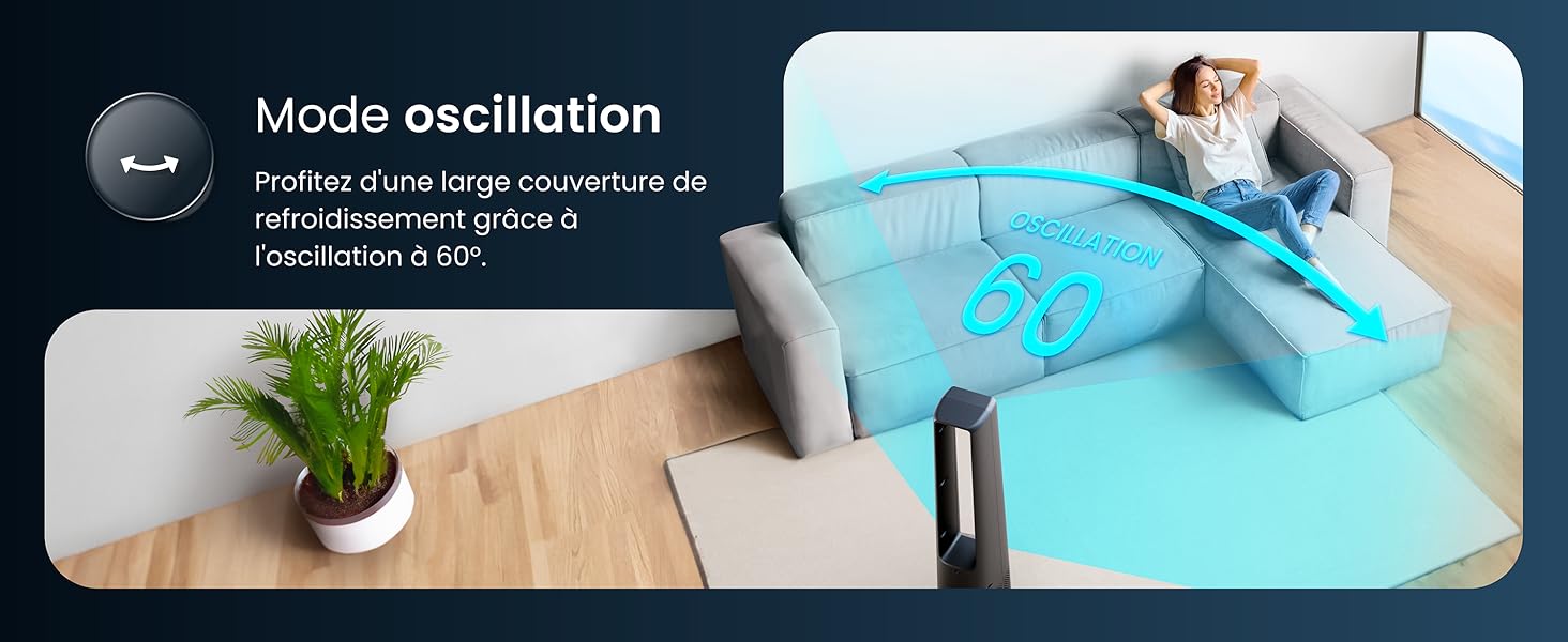 avec fonction oscillante démontré sur le sol. Appareil montré à côté du canapé avec un texte décrivant le mode d'oscillation pour la relaxation musculaire
