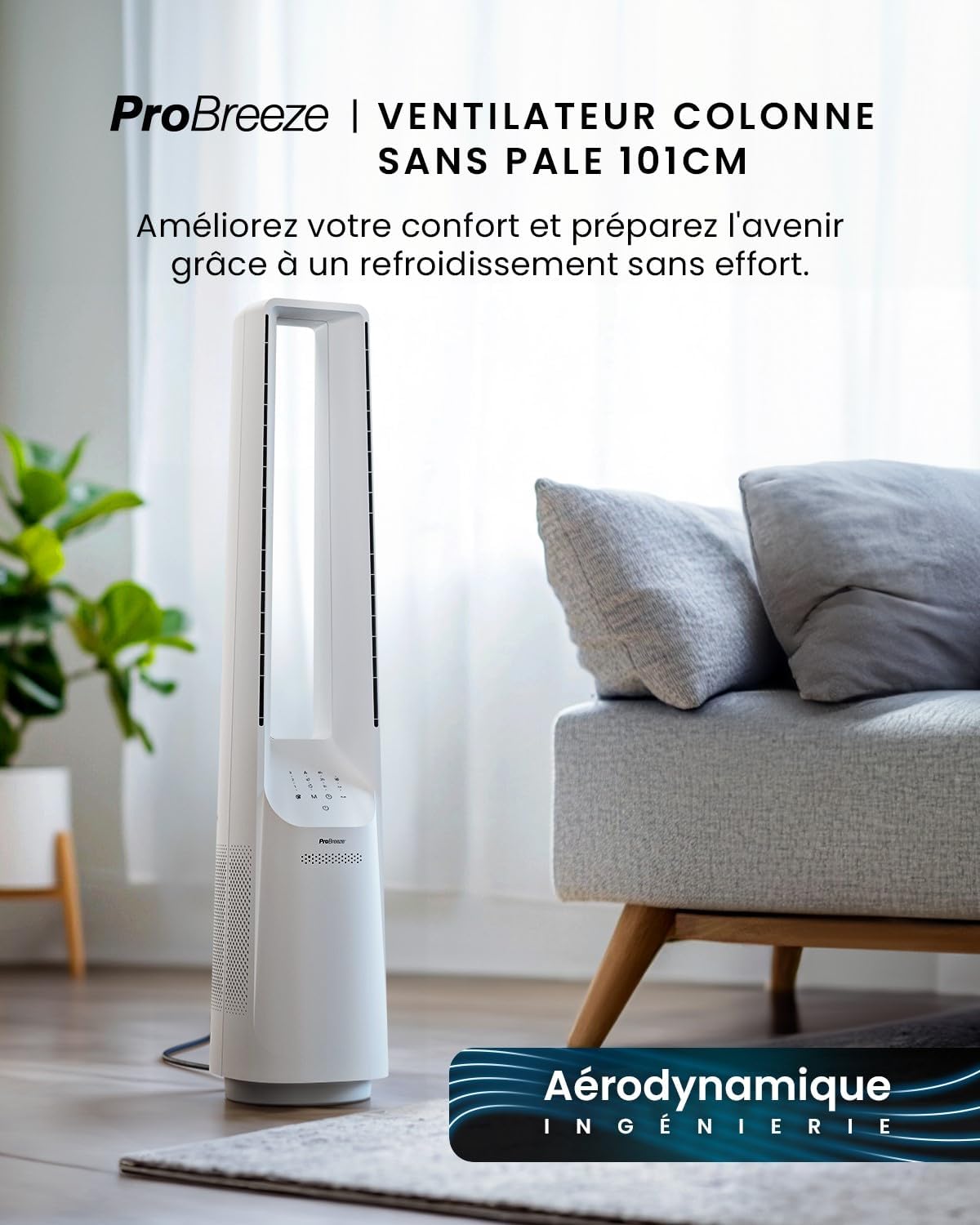 jardinite - Ventilateur colonne, 101 cm - 6 vitesses, oscillation 60°, silencieux