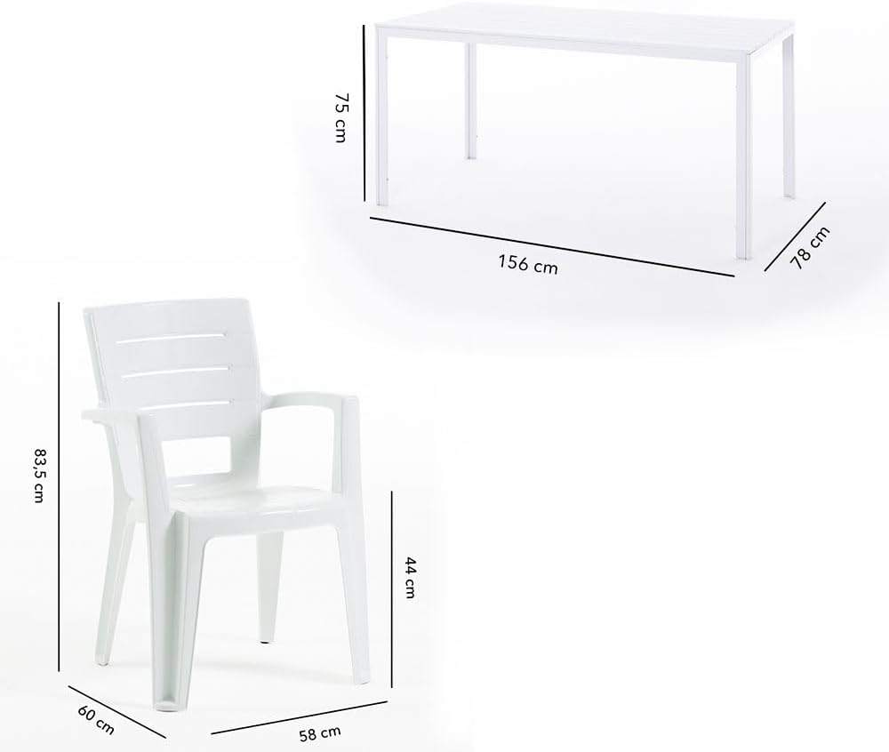 Thomas & Anita - Salon de jardin 6 places - 160x90cm - acier et polypropylène, table effet bois blanc, chaises empilable