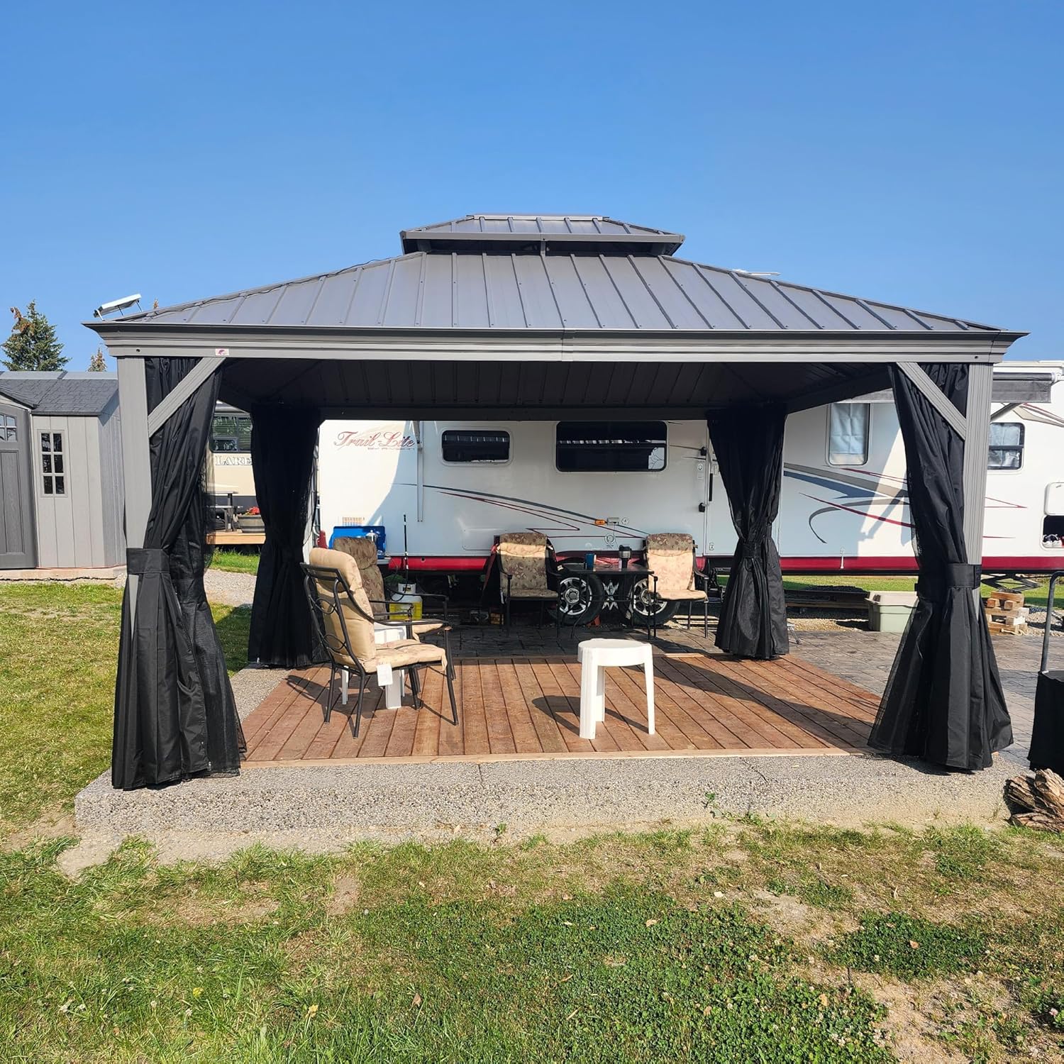 jardinite - tonnelle jardin double toit - 3,65x4,25m - aluminium, moustiquaire, rideaux