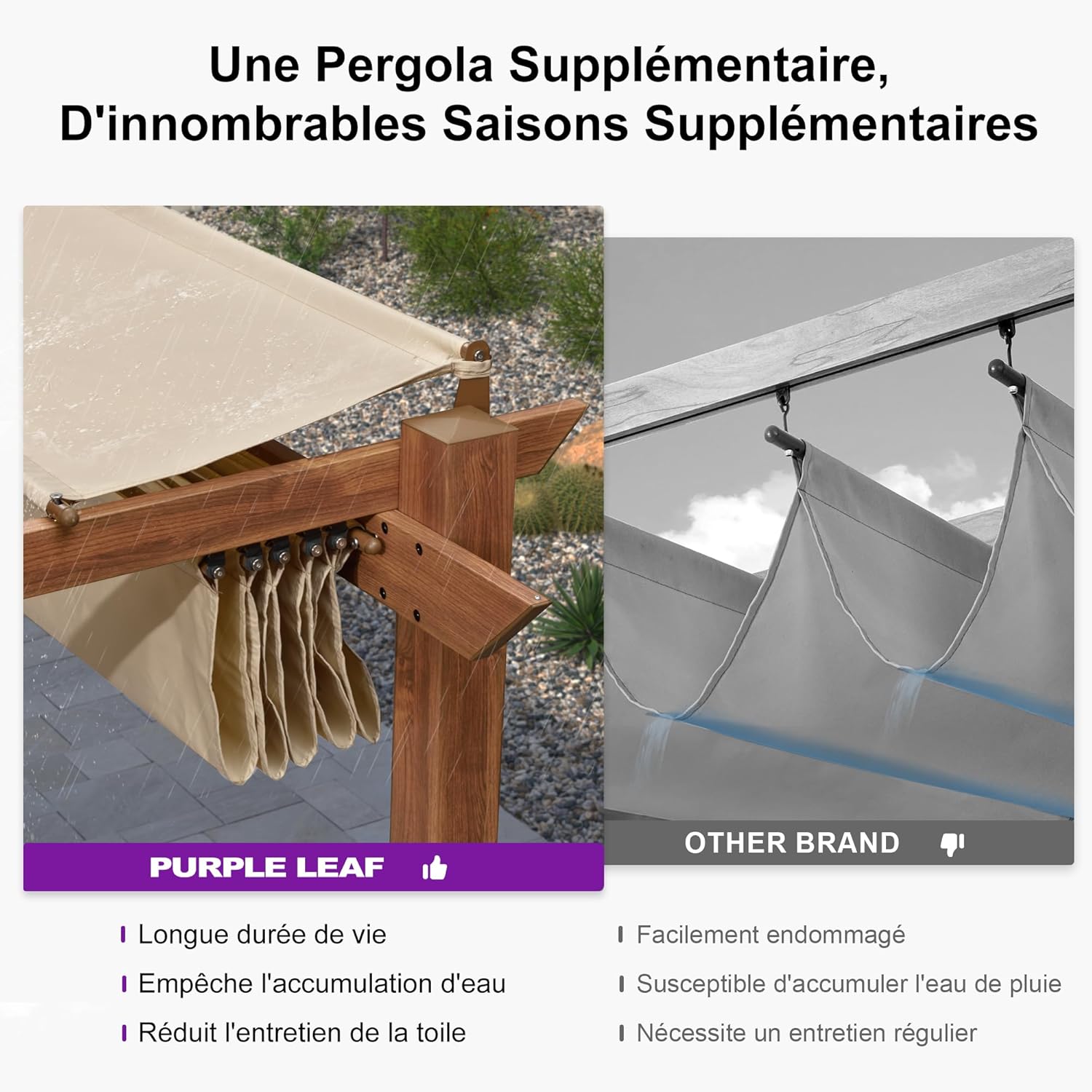 jardinite - Pergola alu finition teck 4x3m - toile rétractable, rideau, kaki