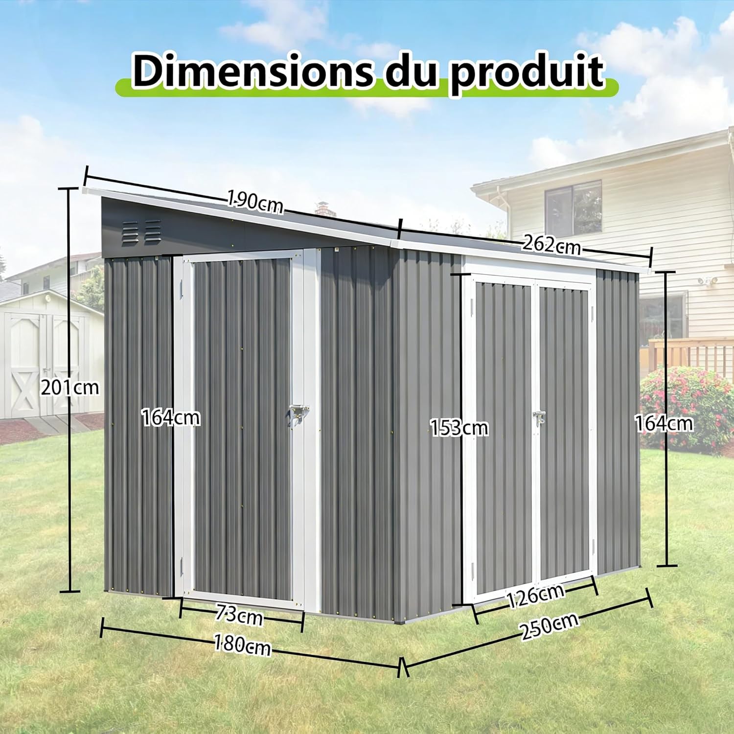 Abri de Jardin Métal 1,8 x 2,4 m – Double Porte Verrouillable avec Sol Inclus – Résistant aux Intempéries pour Rangement des Outils de Jardinage, Tondeuse et Vélo
