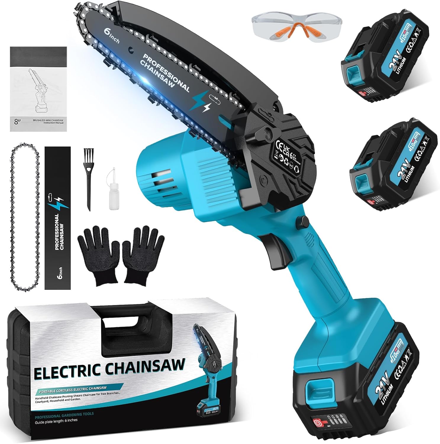 Mini Tronconneuse a Batterie 6 Pouces, 900W Tronconneuse Electrique Sans Fil avec 2x4000mAh, Chaîne Supplémentaire, Chargeur, Boîte à Outils, Elagueuse Batterie pour l'élagage le Jardin Projets DIY