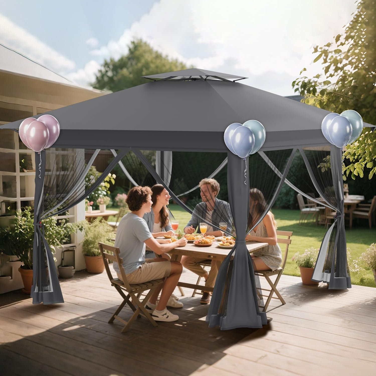 Tonnelle de jardin - Pop Up 4x4m - imperméable, UV, moustiquaires, hauteur réglable
