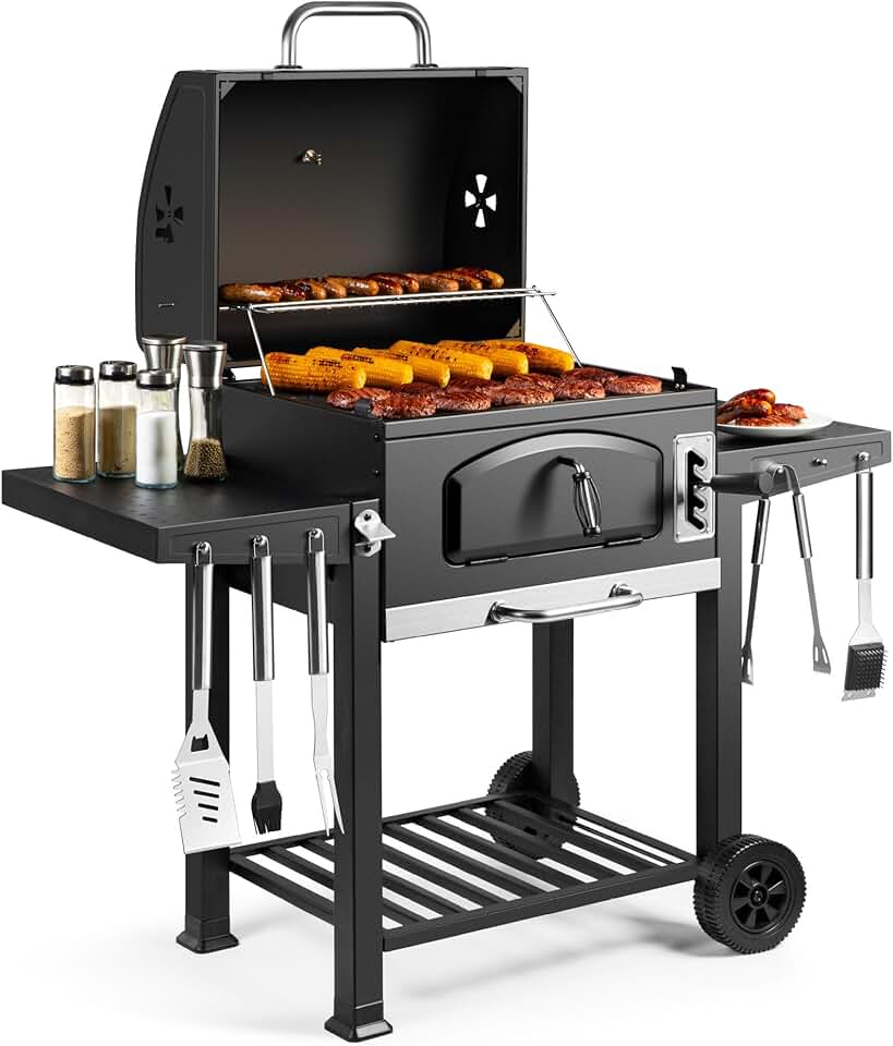jardinite - Barbecue XL - grande capacité, tablettes, fumoir, roues