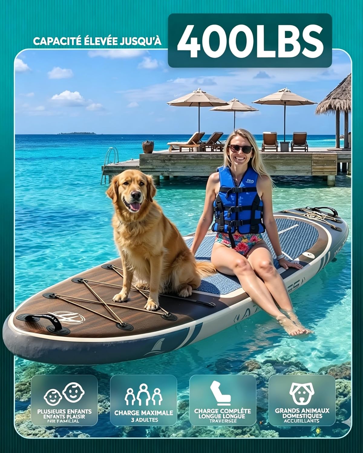 Stand Up Paddle gonflable adulte 320x84cm, 2 places, charge 200kg
