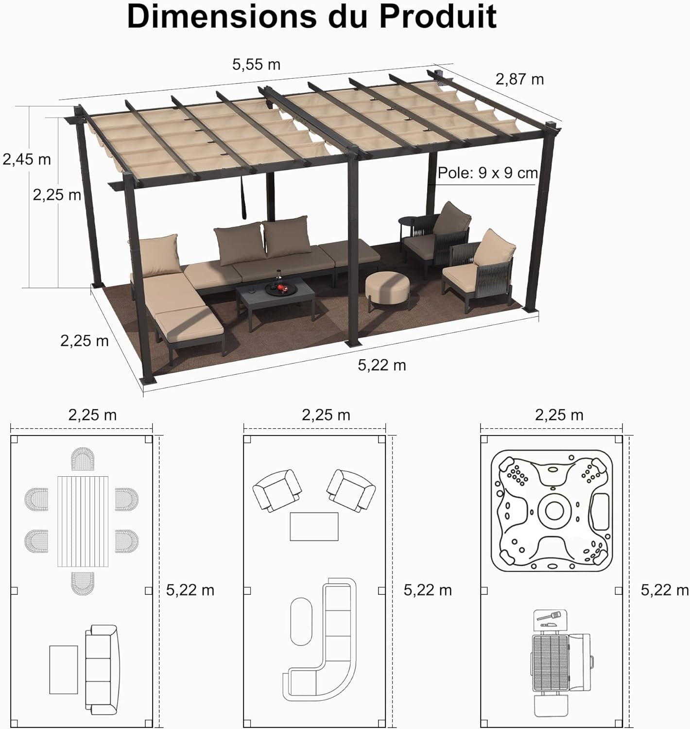 jardinite - Pergola aluminium 5,5x3m toit coulissant extérieur