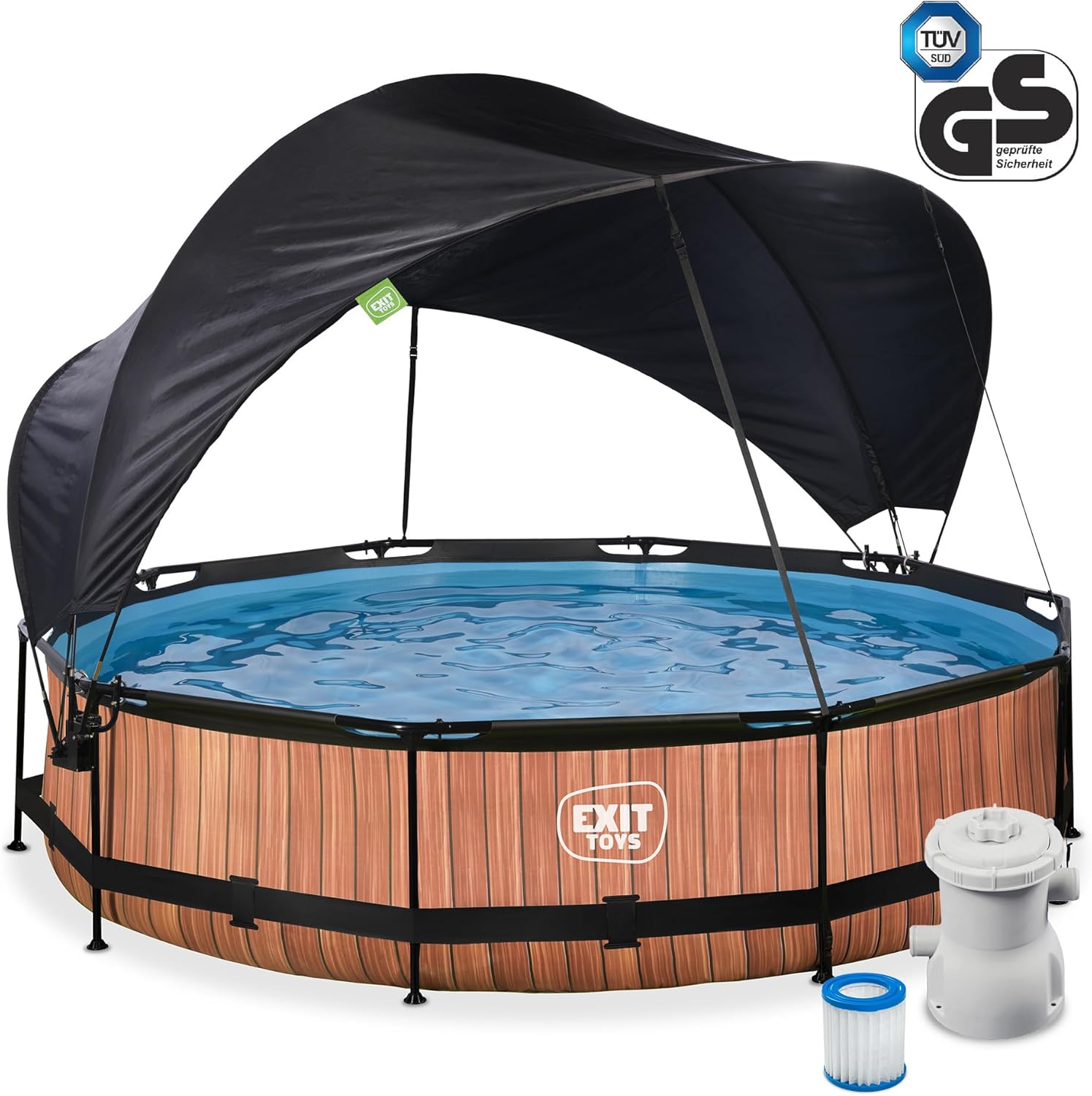 jardinite Piscine Wood avec Voile d'Ombrage - ø360x76cm - Piscine Hors Sol Ronde avec Pompe Filtrante à Cartouche - Protection Optimale Contre Les Rayons UV - Entrée Basse - Design Unique - Marron