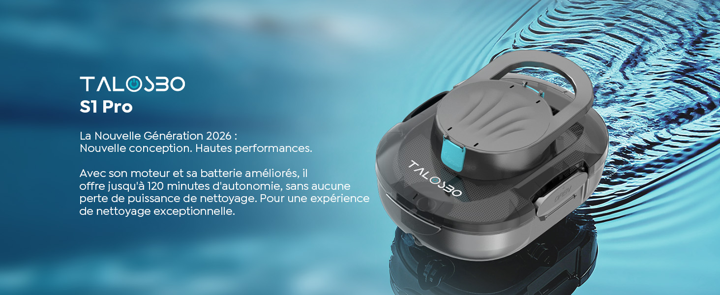Le texte indique « TALOABO S1 Pro ». Image marketing d'un appareil électronique élégant sur fond bleu à effet d'eau avec des spécifications techniques.
