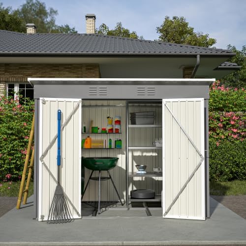 Abri de jardin en métal - 2,4 x 1,2 m - Gris - Résistant aux intempéries - Verrouillable avec base en métal - Pour outils de jardin et terrasse extérieure