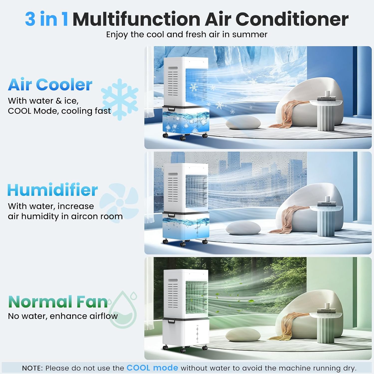 Climatiseur mobile 3-en-1, 12L, 6 vitesses, télécommande, 24H timer