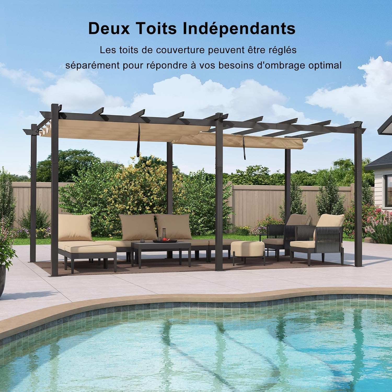 jardinite - pergola aluminium 5,5x3,5m toit rétractable LED kaki