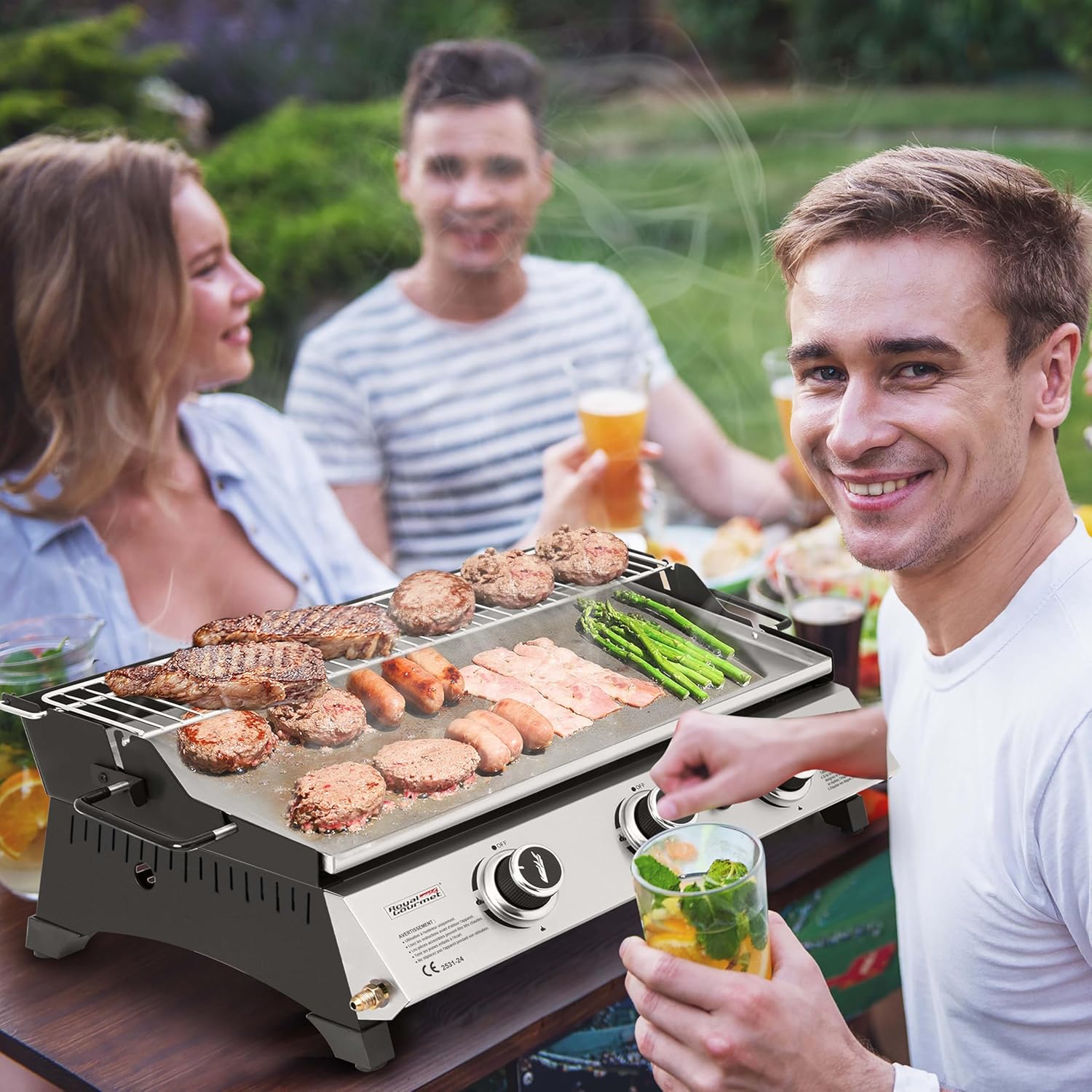 jardinite - Plancha gaz inox 3 brûleurs 61,5x32cm, 7,5kW, usage extérieur