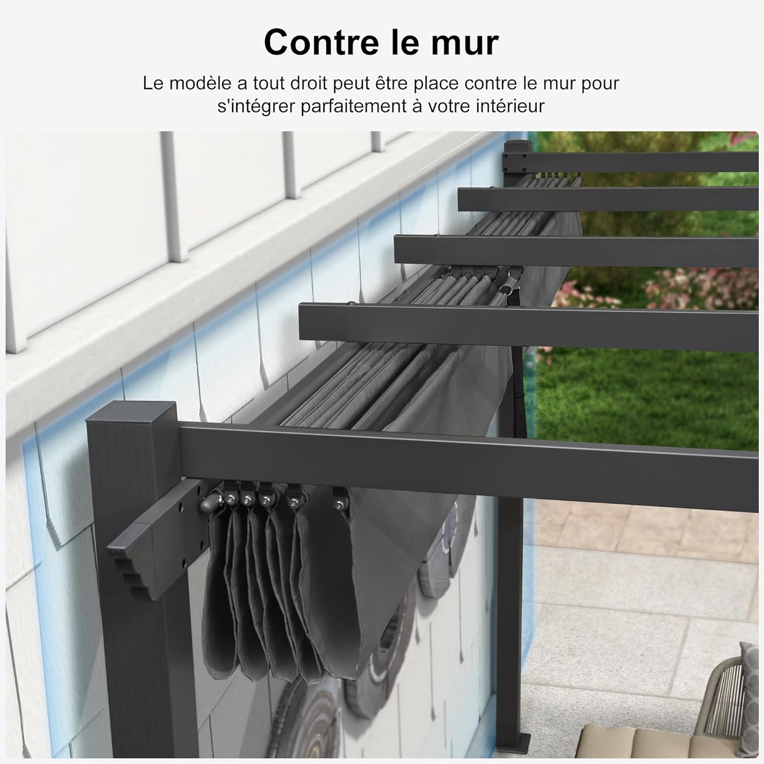 jardinite - Pergola murale série aluminium 4x2,7m toit coulissant, tissu teint, gris