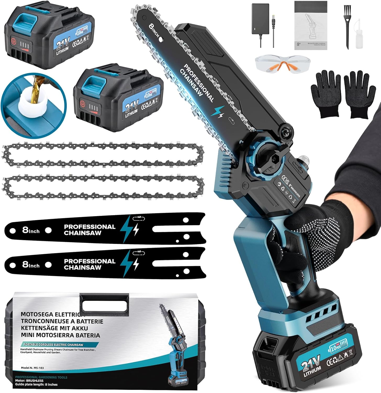 8 Pouces Tronconneuse a Batterie, Mini Tronçonneuse Électrique Sans Fil Brushless à Batterie 8000mAh, avec Injecteur de Lubrifiant de la Chaîne pour la Coupe du bois, l'élagage le Jardin(1200W)