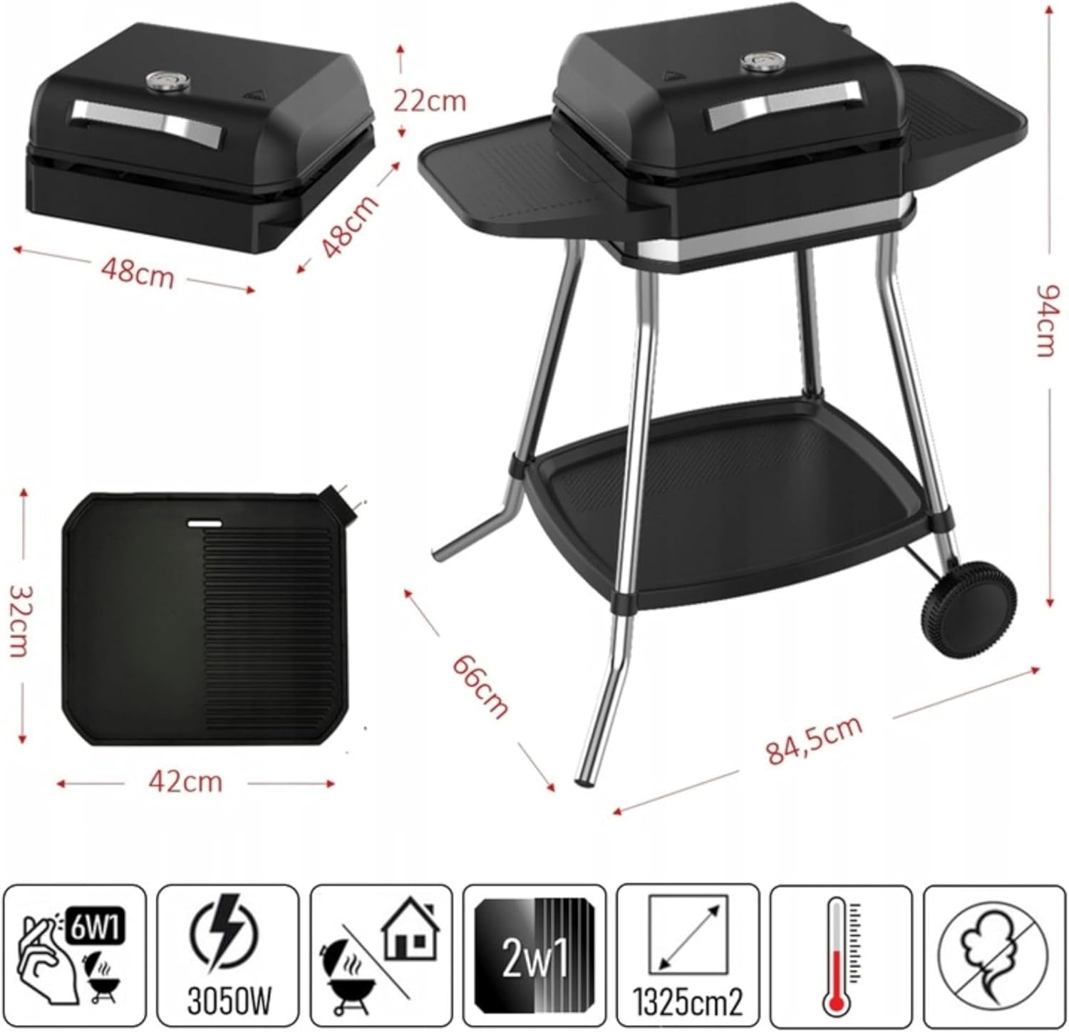 Barbecue électrique - 2 en 1 sur pied 3050W - grande surface, régulateur