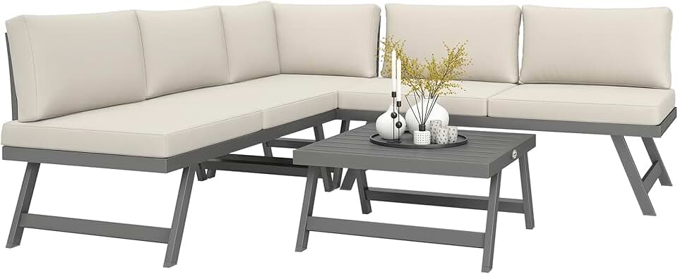 jardinite - salon de jardin d'angle convertible 4 pcs - alu et acier, coussins, beige