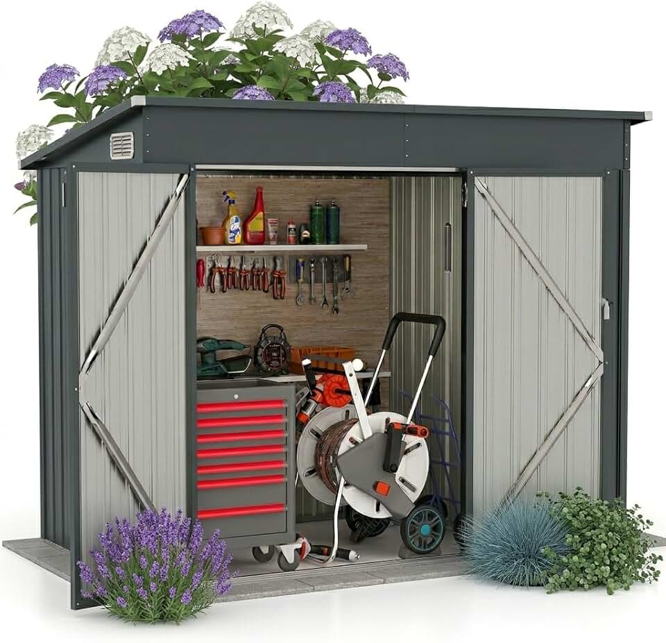 jardinite - abri de jardin métal - 238x119x187cm - porte, aérations, toit pente, gris